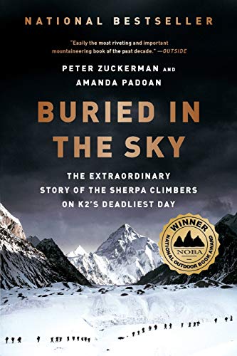Book cover with snowy mountain range and title “Buried in the Sky.”