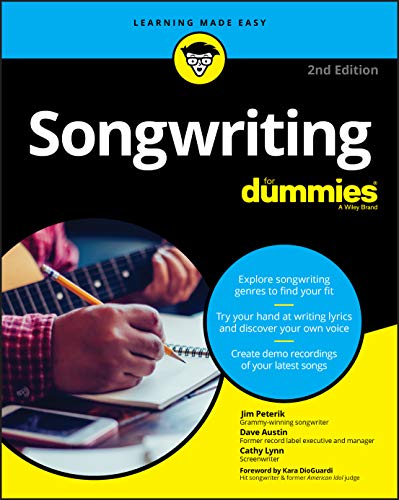 Book cover: "Songwriting For Dummies," 2nd Edition, with hands and guitar.
