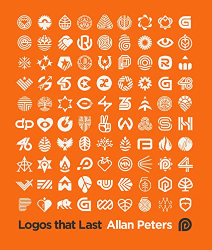Book cover with a dense grid of various white logo designs on orange.