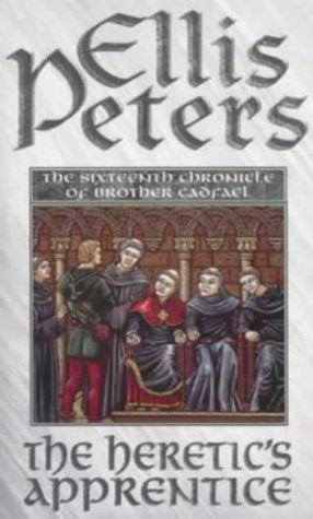 Book cover: medieval figures in arches, title "The Heretic's Apprentice.