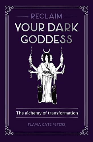 Book cover with a three-faced goddess illustration, torches, snakes, and dogs on purple background.