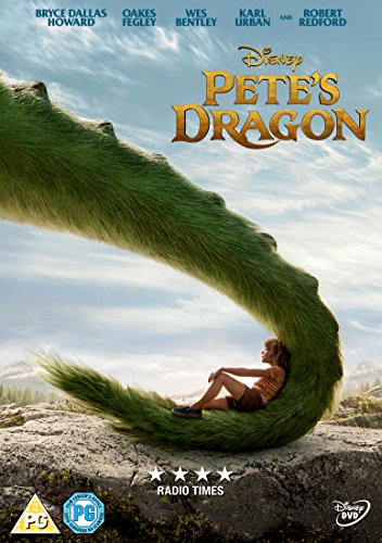 "Pete's Dragon DVD cover featuring a boy sitting on a green dragon."