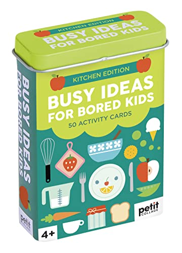 A green and teal tin box featuring kitchen-themed illustrations and activity card text.