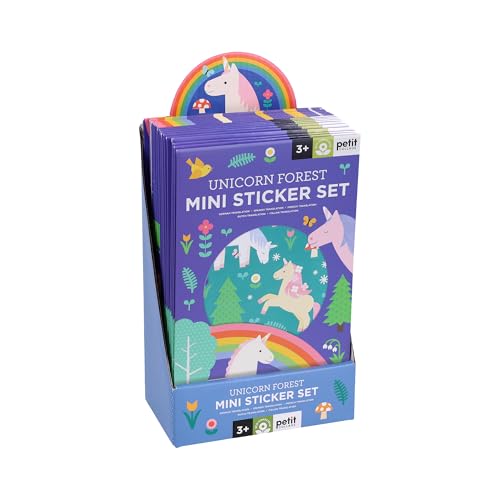 Purple sticker set display with unicorns, rainbows, and forest imagery.
