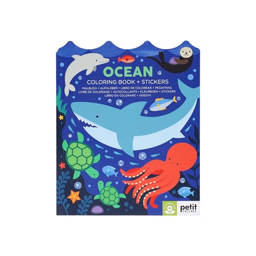 Ocean coloring book cover with dolphin, shark, octopus, and turtle illustrations.