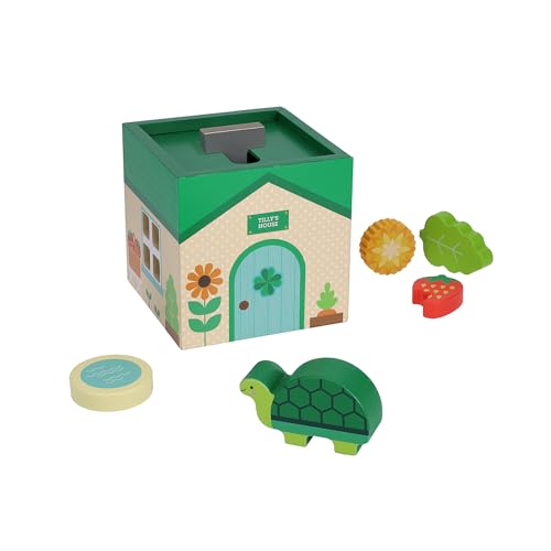 Wooden tortoise toy with a small house and colorful food-shaped sorting pieces.