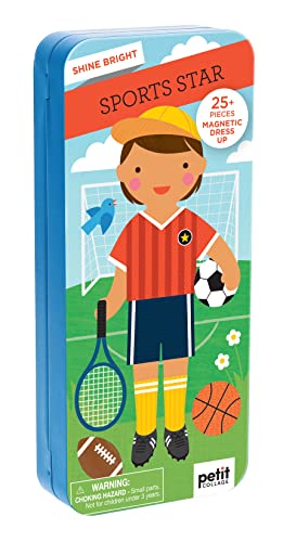 Blue tin with illustrated sports-themed magnetic dress-up set and child.