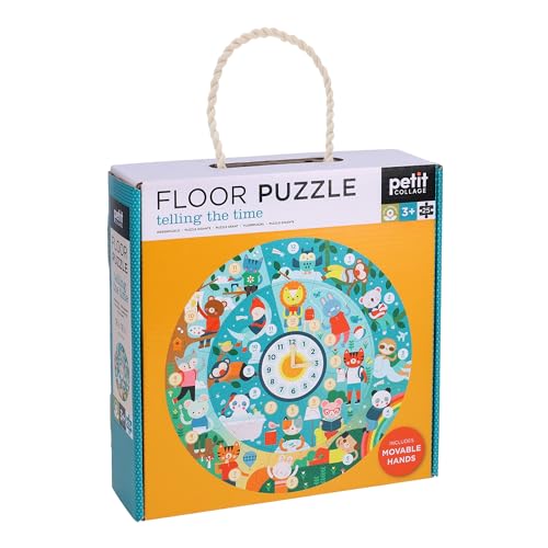 Boxed floor puzzle depicting animals around a clock, teaching time.