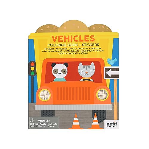 Vehicles coloring book cover with a panda and cat driving a car.
