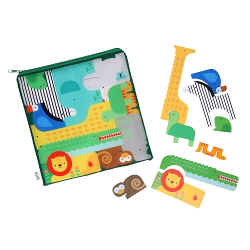 Wooden safari animal puzzle pieces with a storage bag, colorful and patterned.