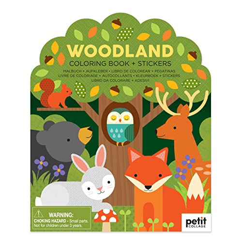 Woodland coloring book cover with illustrated animals and trees.