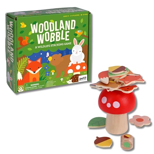 Woodland Wobble game box and wooden animal stacking pieces shown.