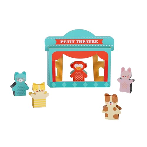 Wooden finger puppets of animals with a small blue theatre backdrop.
