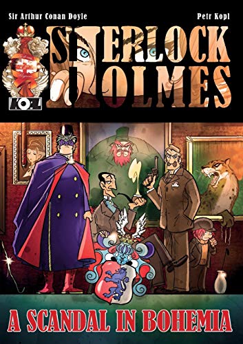 Sherlock Holmes graphic novel cover: detectives, a villain, and ornate details.