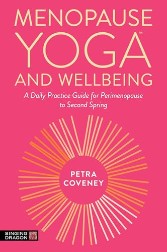 Book cover: "Menopause Yoga and Wellbeing" by Petra Coveney, pink background.