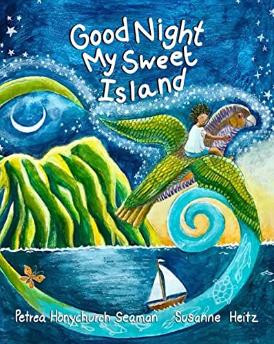 Child riding a colorful parrot over a tropical island at night.