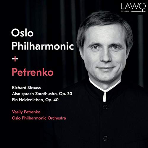 Black-and-white image of a man, with text overlay describing a classical music CD.