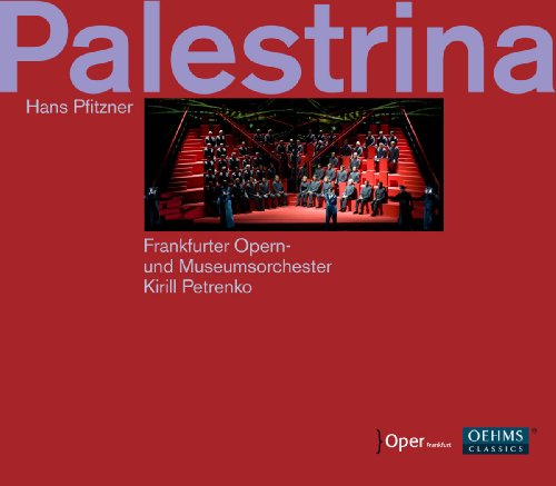 CD cover for Hans Pfitzner's Palestrina featuring a red background and an opera stage scene.