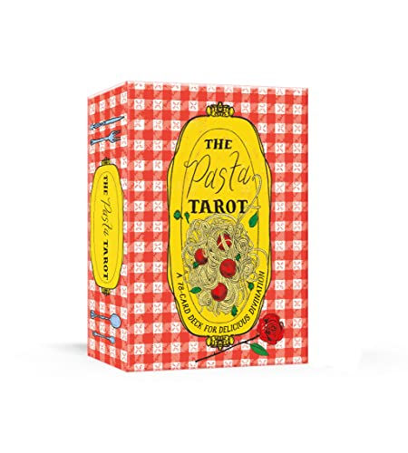 The Pasta Tarot deck box features a red and white checkered pattern with pasta.