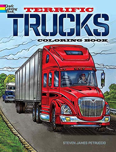 Cover of "Terrific Trucks Coloring Book" featuring a red semi-truck on a road.
