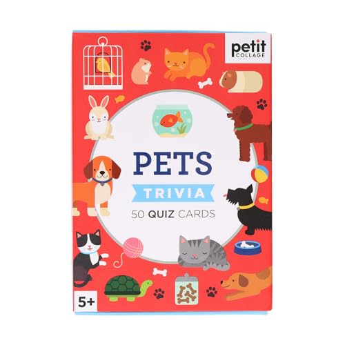 Red box of "Pets Trivia" quiz cards with cartoon animal illustrations.