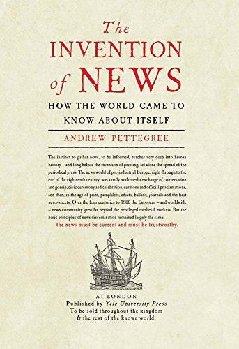 Book cover: "The Invention of News" with a ship illustration.