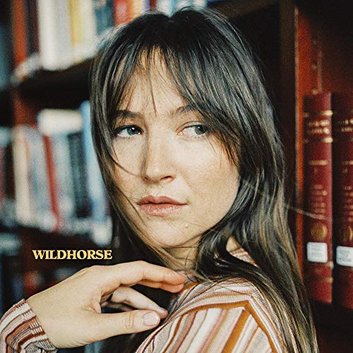 "Woman with long dark hair and striped shirt in front of bookshelves, 'Wildhorse' text overlay."