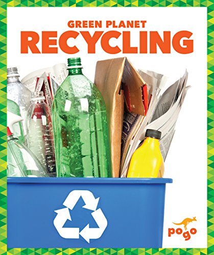 Blue recycling bin filled with plastic, glass, and cardboard waste.