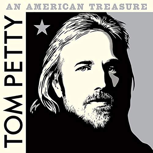 Black and white portrait of Tom Petty with text "An American Treasure".