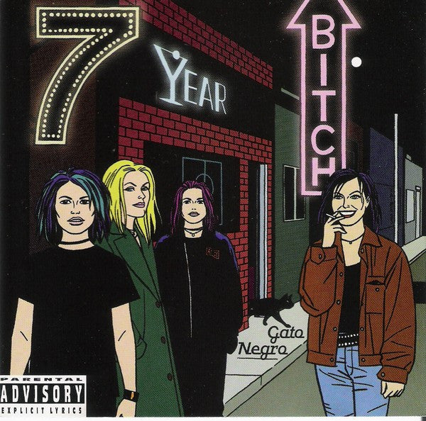 Album cover: four figures stand before a brick building with neon signs.