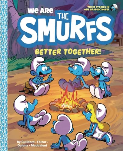 Book cover featuring multiple blue Smurf characters smiling together.