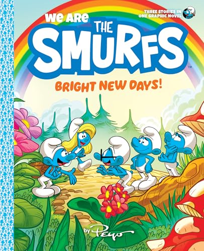 Cover of "We Are the Smurfs: Bright New Days!" book with Smurf characters.