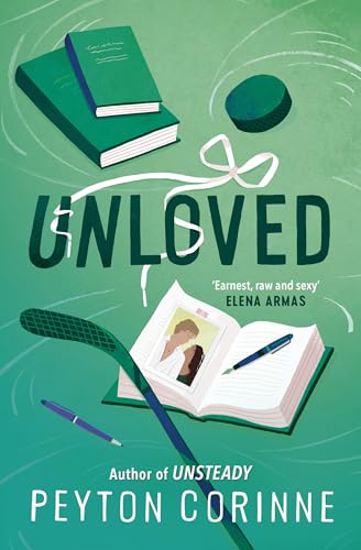 Book cover for Unloved by Peyton Corinne featuring books, a hockey puck, and stick.