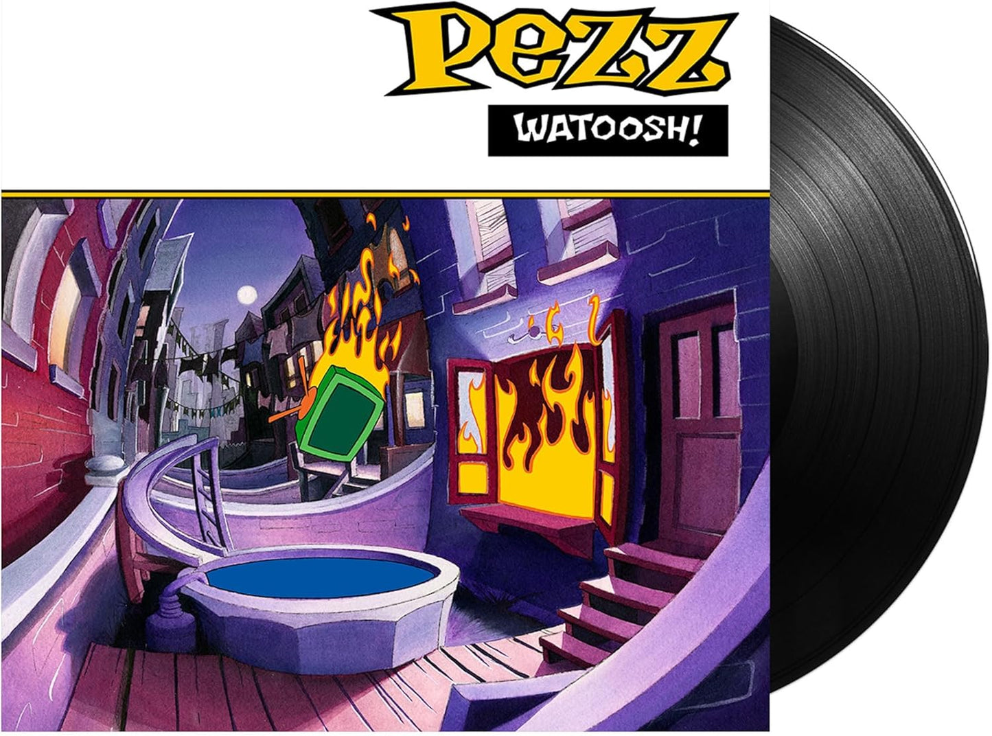 Pezz "Watoosh!" vinyl record with cartoon cityscape album art.