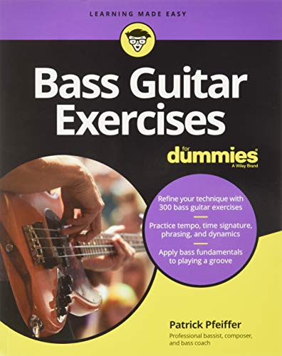 Book cover: "Bass Guitar Exercises for Dummies" with a guitarist image.