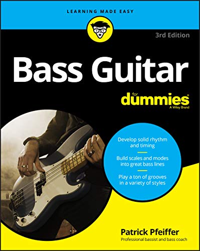 Book cover: "Bass Guitar for Dummies," featuring a bassist playing.