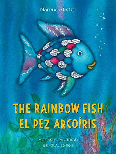 Colorful fish with shimmering scales on a simple background, bilingual children's book cover.