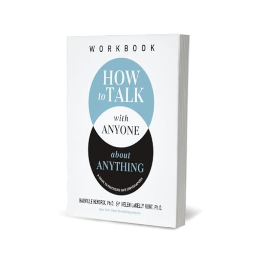 White workbook cover with overlapping blue and black circles, text reads "How to Talk.