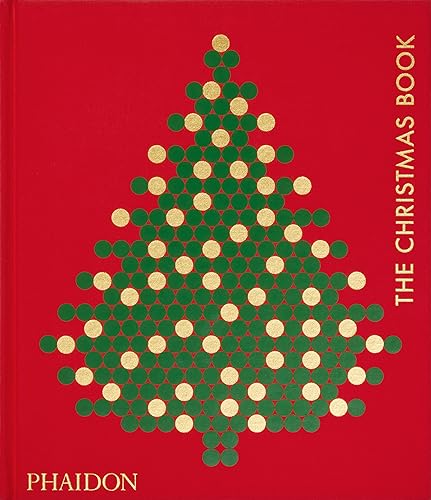Red book cover with a gold and green dotted Christmas tree design.