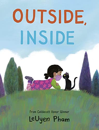 Book cover: child with a black cat on a grassy hill, wearing a mask.