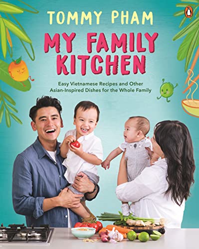 Cookbook cover featuring a family and colorful illustrations of food.