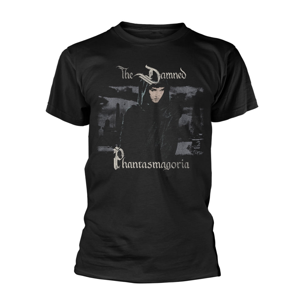Black t-shirt with a gothic-style image of a figure and text "Phantasmagoria".