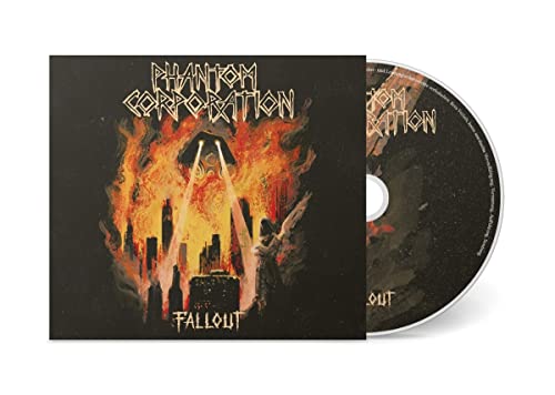 CD case and disc for "Phantom Corporation - Fallout" with fiery cityscape art.