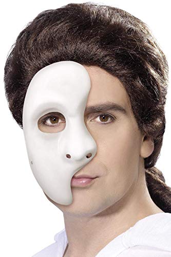 Man wearing a white Phantom of the Opera half-mask and brown wig.