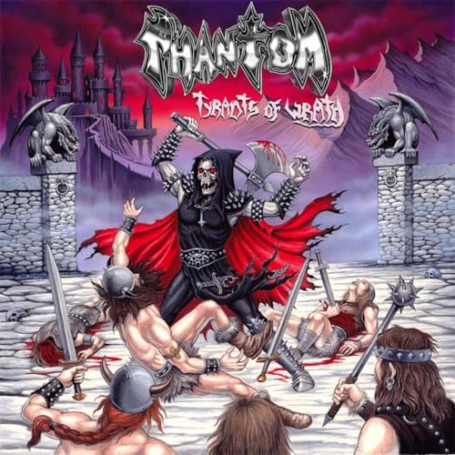 Heavy metal album cover featuring a skeletal figure and battle scene.