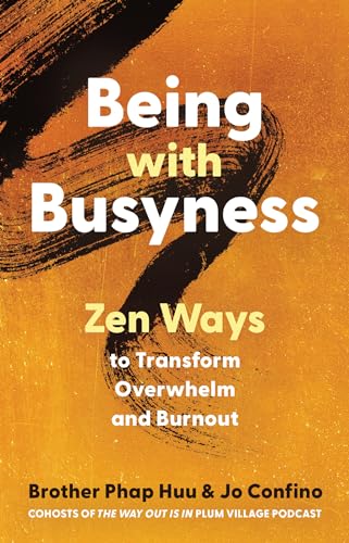 Book cover titled Being with Busyness with a black brushstroke on an orange background.