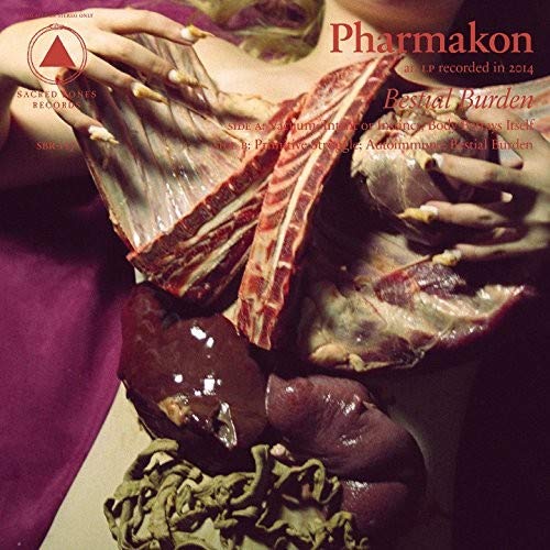 Record album cover featuring raw meat and a red triangle design.