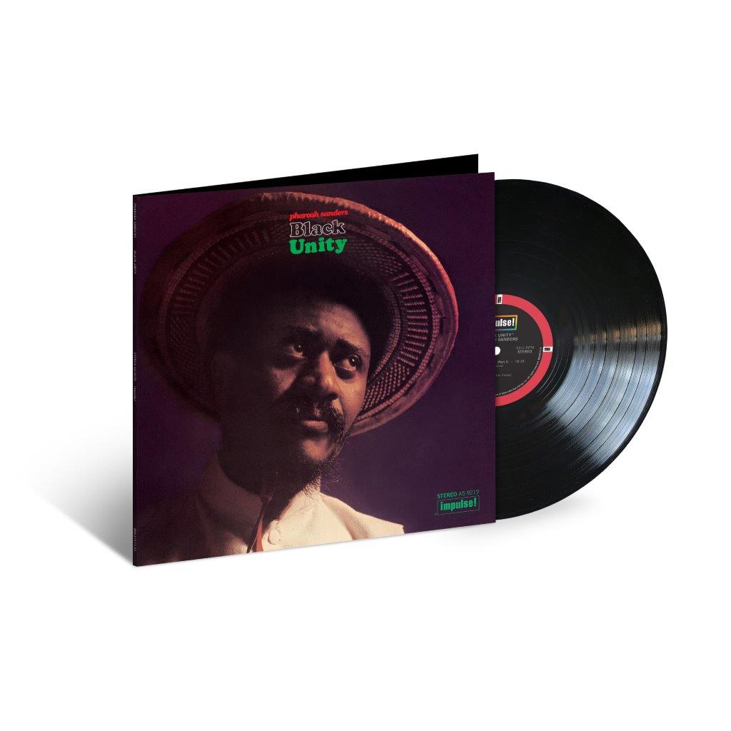 "Vinyl record and cover with Pharoah Sanders' portrait, titled 'Black Unity'."