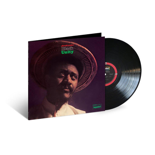 "Vinyl record and cover with Pharoah Sanders' portrait, titled 'Black Unity'."