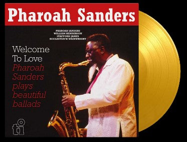 Pharoah Sanders album cover featuring him playing saxophone next to a gold vinyl record.